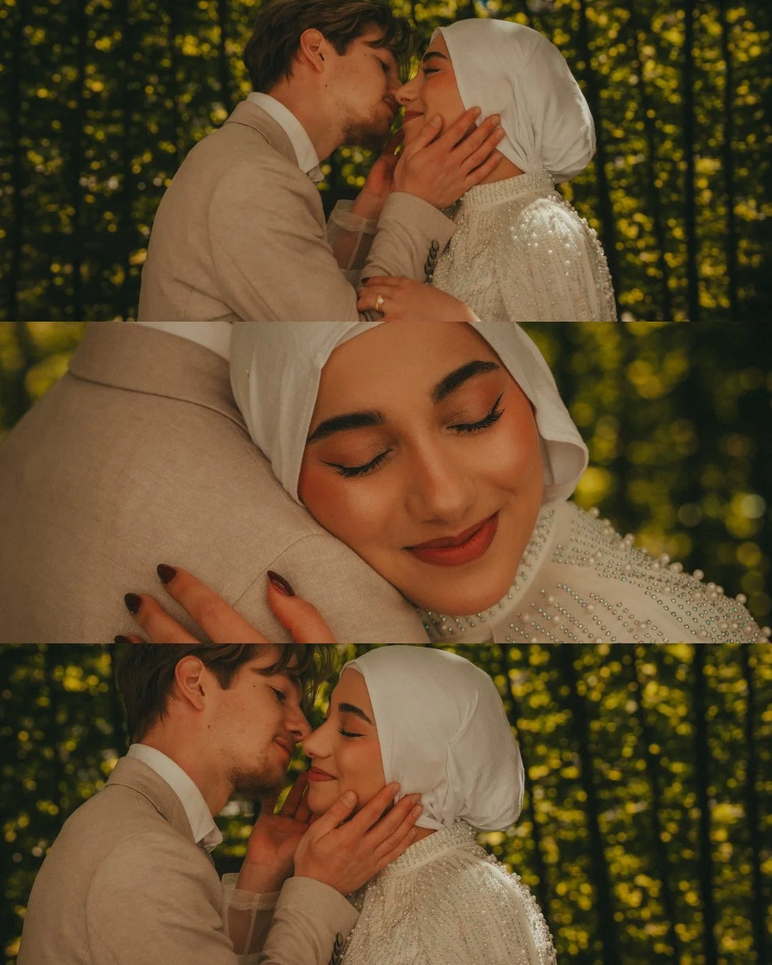 A couple sharing an intimate moment outdoors, about to kiss, with the woman wearing a white headscarf and the man in a beige jacket, surrounded by trees and sunlight.