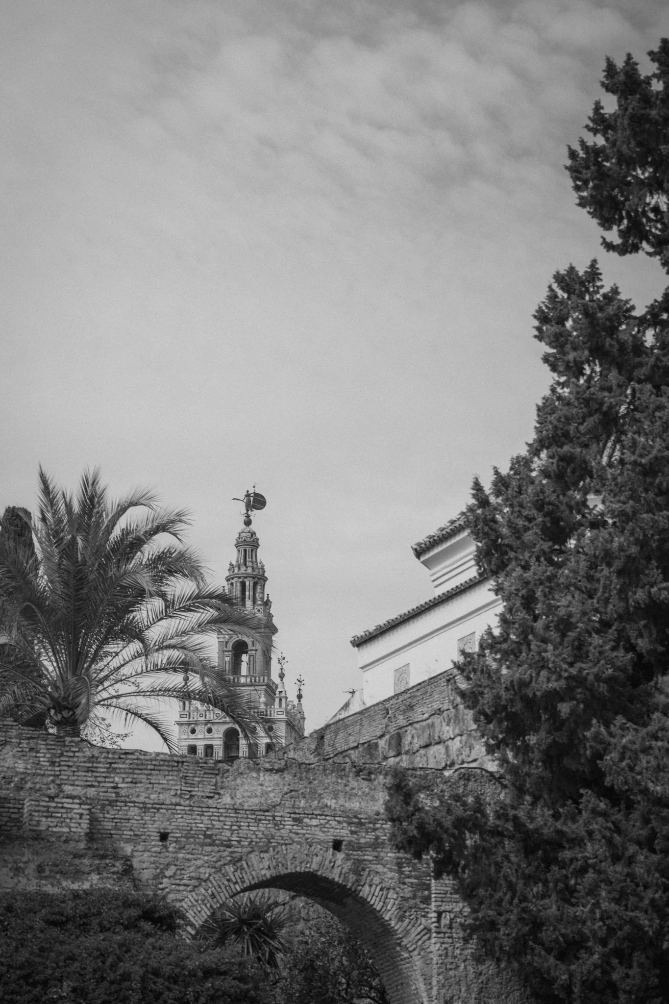 Black and white photo of historic buildings, trees, and a stone arch bridge in an outdoor setting.