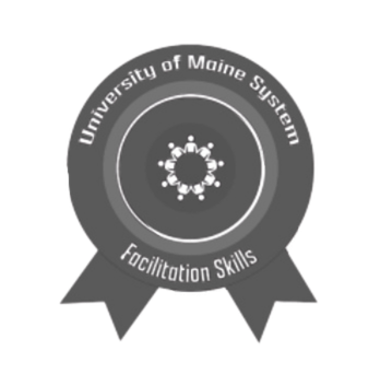 Seal or badge with the text 'University of Maine System Facilitation Skills' surrounding a central graphic of a molecule or network design.