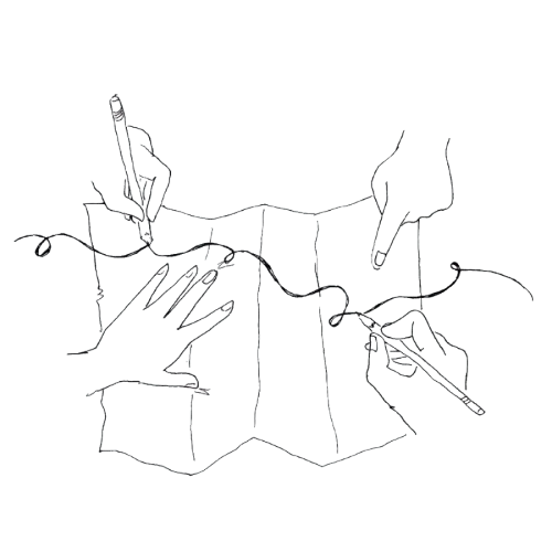 Illustration of a surgical procedure with hands handling surgical tools and a patient, depicted with white lines on a black background.