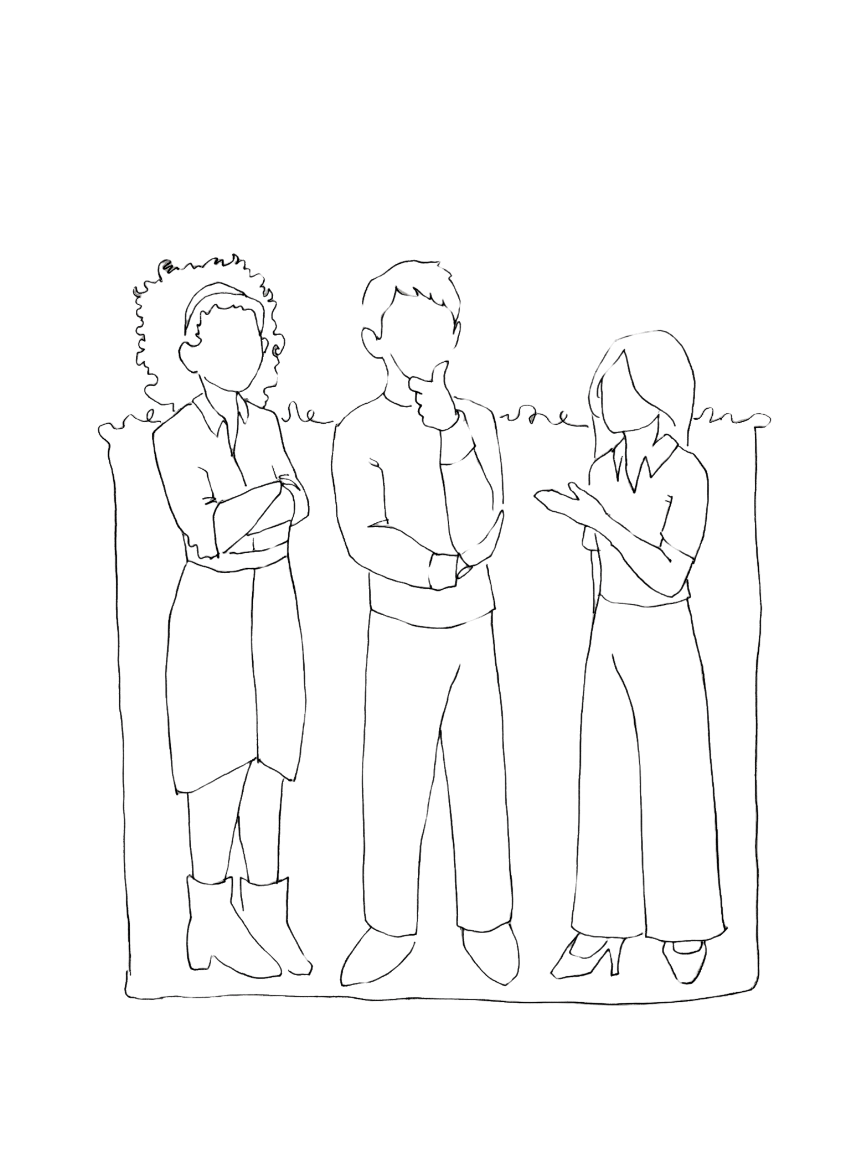 Three silhouetted women in conversation, standing outdoors under a tree, with one woman gesturing while the others listen.