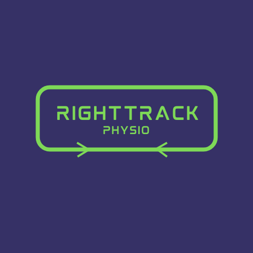Logo for RightTrack Physio with green text on a dark blue background.