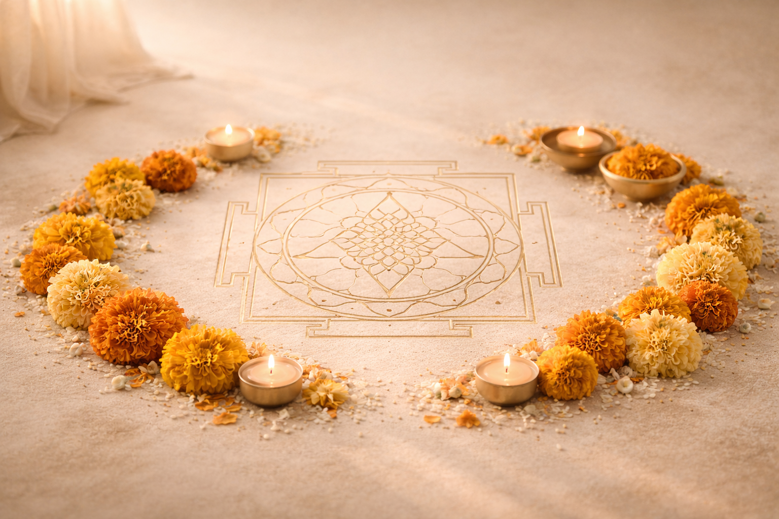 Sacred altar with Sri Yantra and marigolds.png