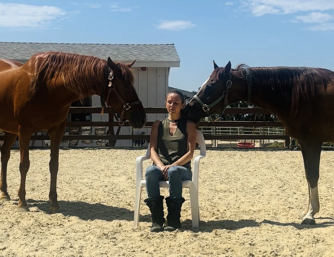 Julia Dyer seated between Ruby on the left and Diego on the right at The Horse Project Santa Barbara