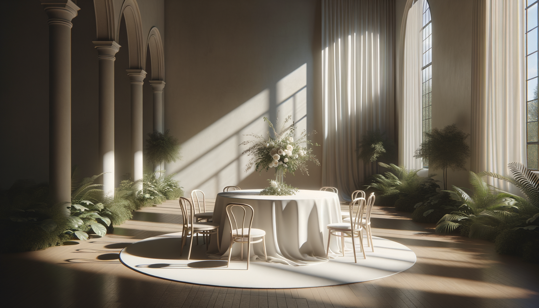 Elegant indoor event space with a round table draped with a white cloth, surrounded by six chairs, and decorated with a floral centerpiece. Tall windows with white curtains let in natural light, casting shadows across the room. Green plants line the space, creating a serene atmosphere.