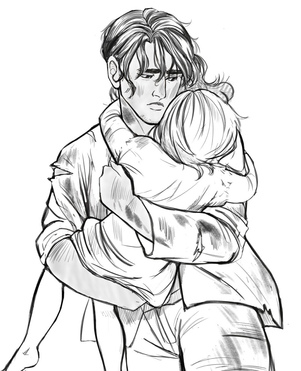 A concept drawing of a young man covered in ash and soot carrying a young child in his arms.