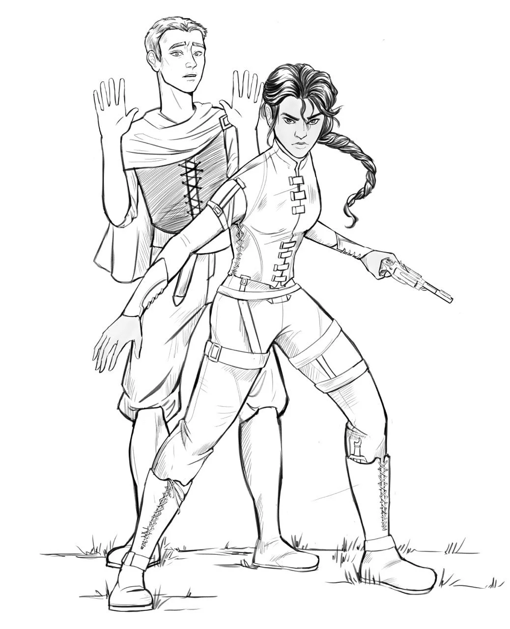 A man and a woman stand together. The man holds his hands up in surrender, while the woman wields a pistol in defiance.