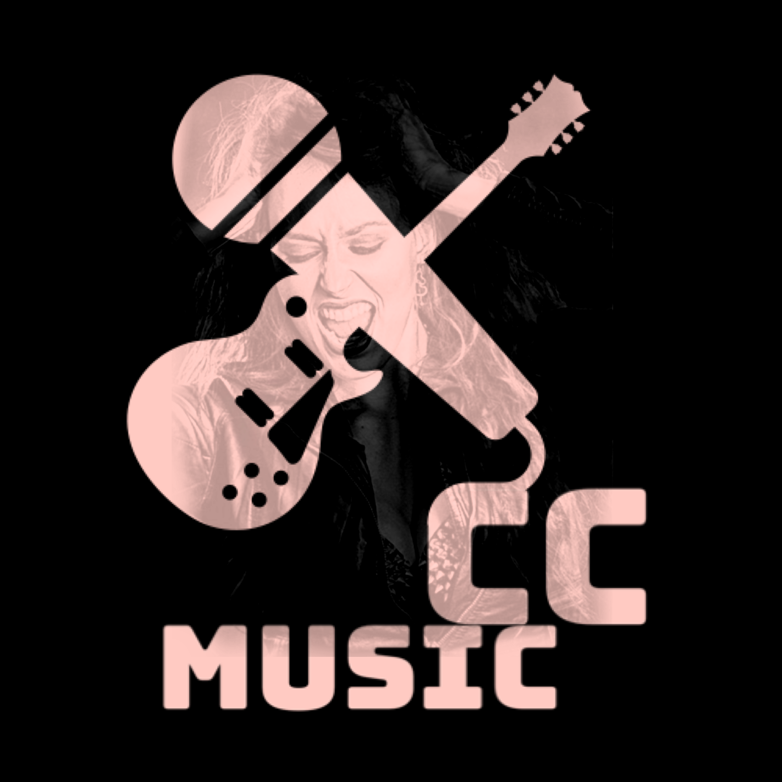 A logo with a guitar, a microphone, and musical notes over a woman's face, with the word 'MUSIC' at the bottom.