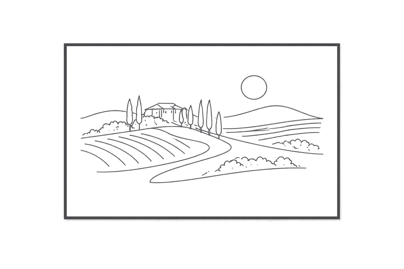 Illustration of a rural landscape featuring a house, winding road, trees, fields, a river, hills, and a distant sun or moon in the sky.