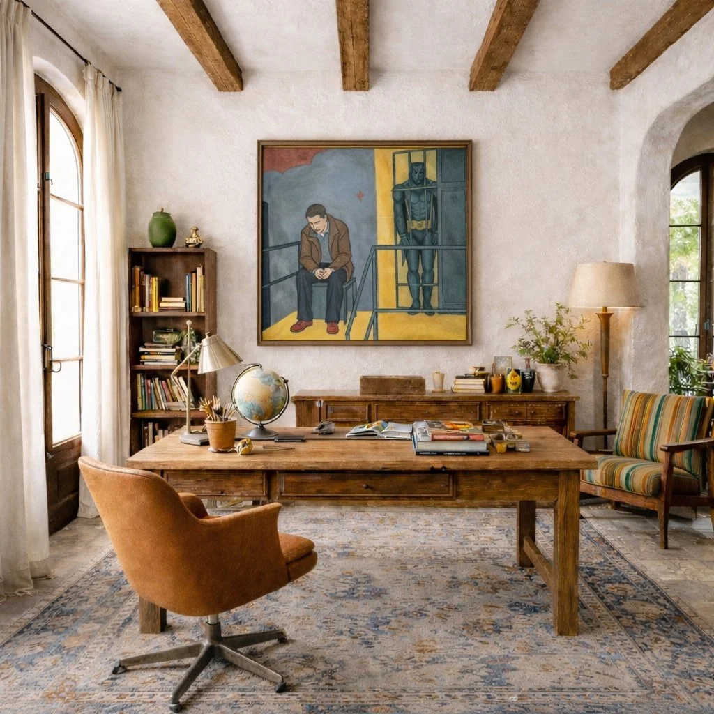 A cozy home office with wooden beams on the ceiling, a wooden desk, an orange swivel chair, and a bookshelf. Artwork featuring Batman and a seated man hangs on the wall. Natural light enters through windows with sheer curtains.