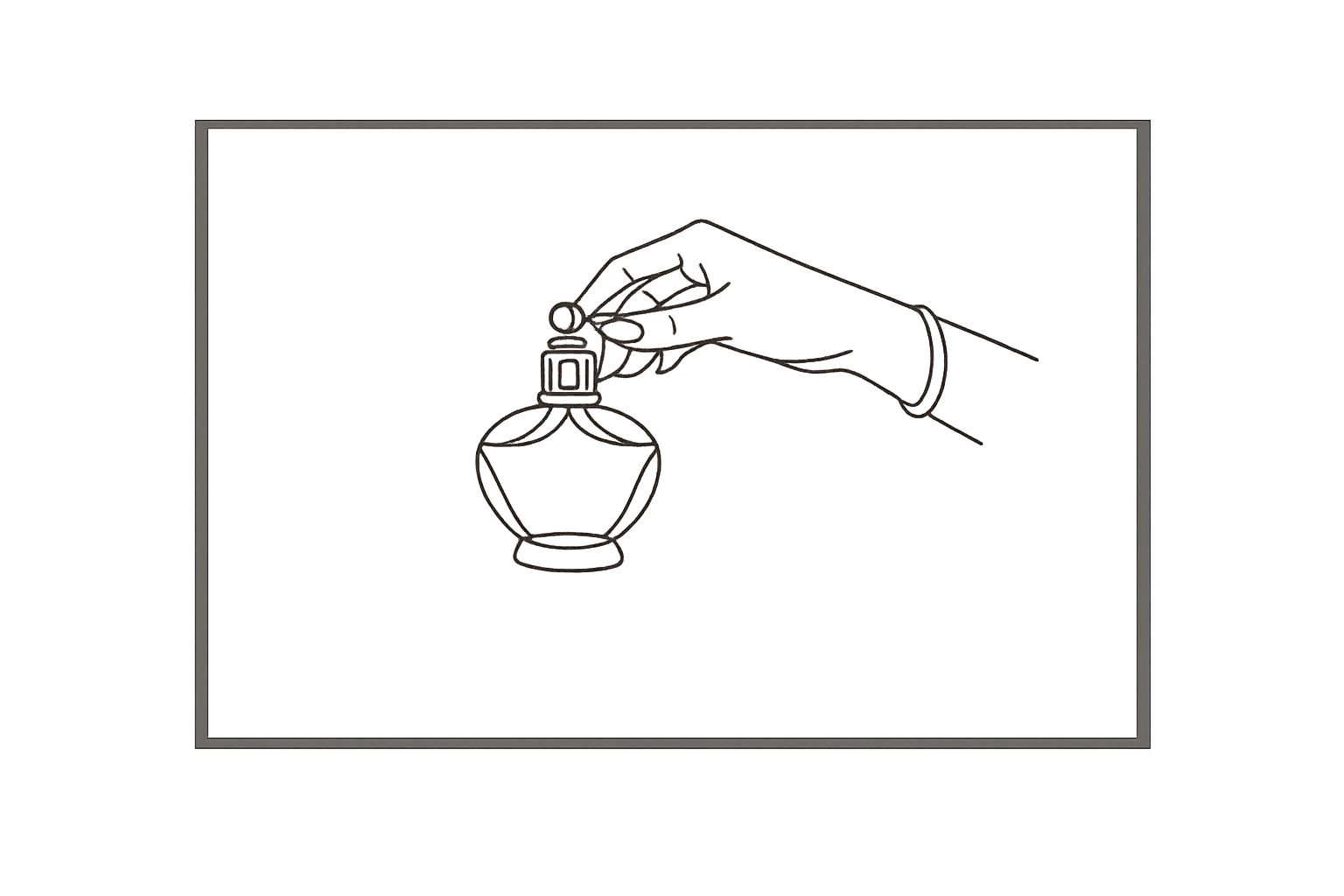 Line drawing of a hand holding a perfume bottle by the stopper.