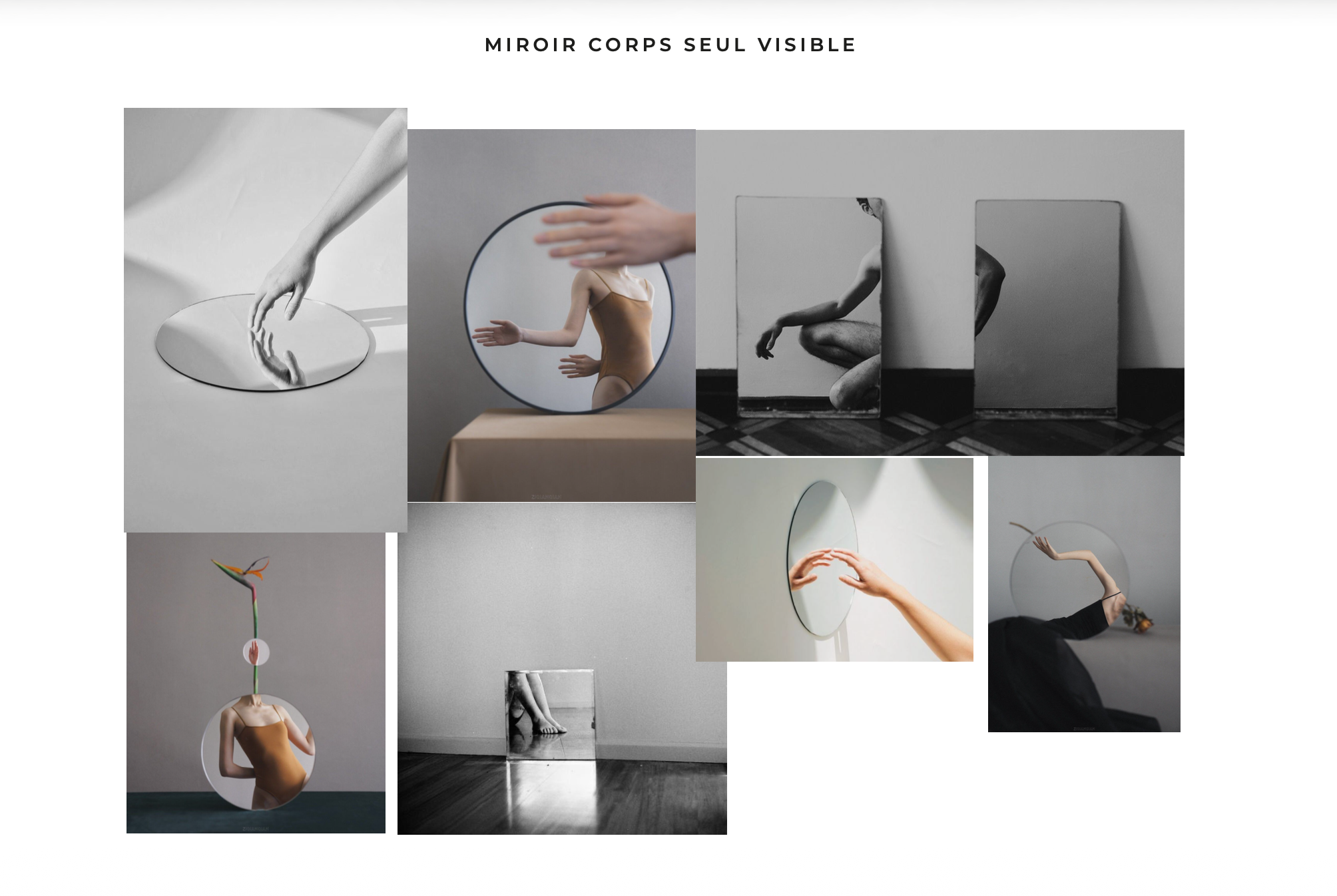 Collage of artistic photographs including mirrors reflecting parts of a person’s body, a hand reaching out, a spinning top with a hand, and a person with a lifted arm, arranged in an abstract composition.