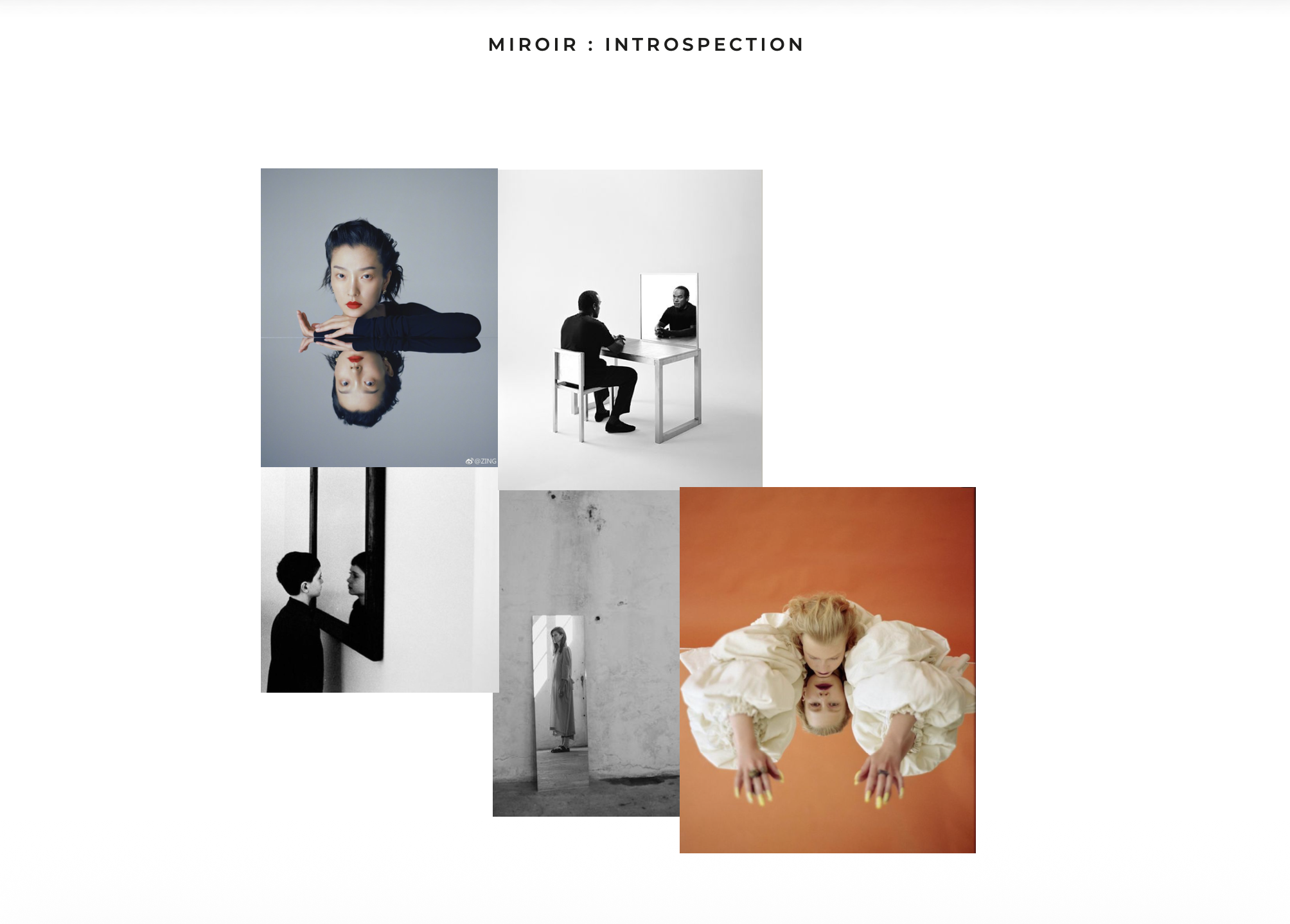 Collage of various photographs including a woman with dark hair and red lipstick, a man looking at himself in a mirror, two people facing each other, a woman walking past a wall, and a woman lying on her stomach on an orange background.