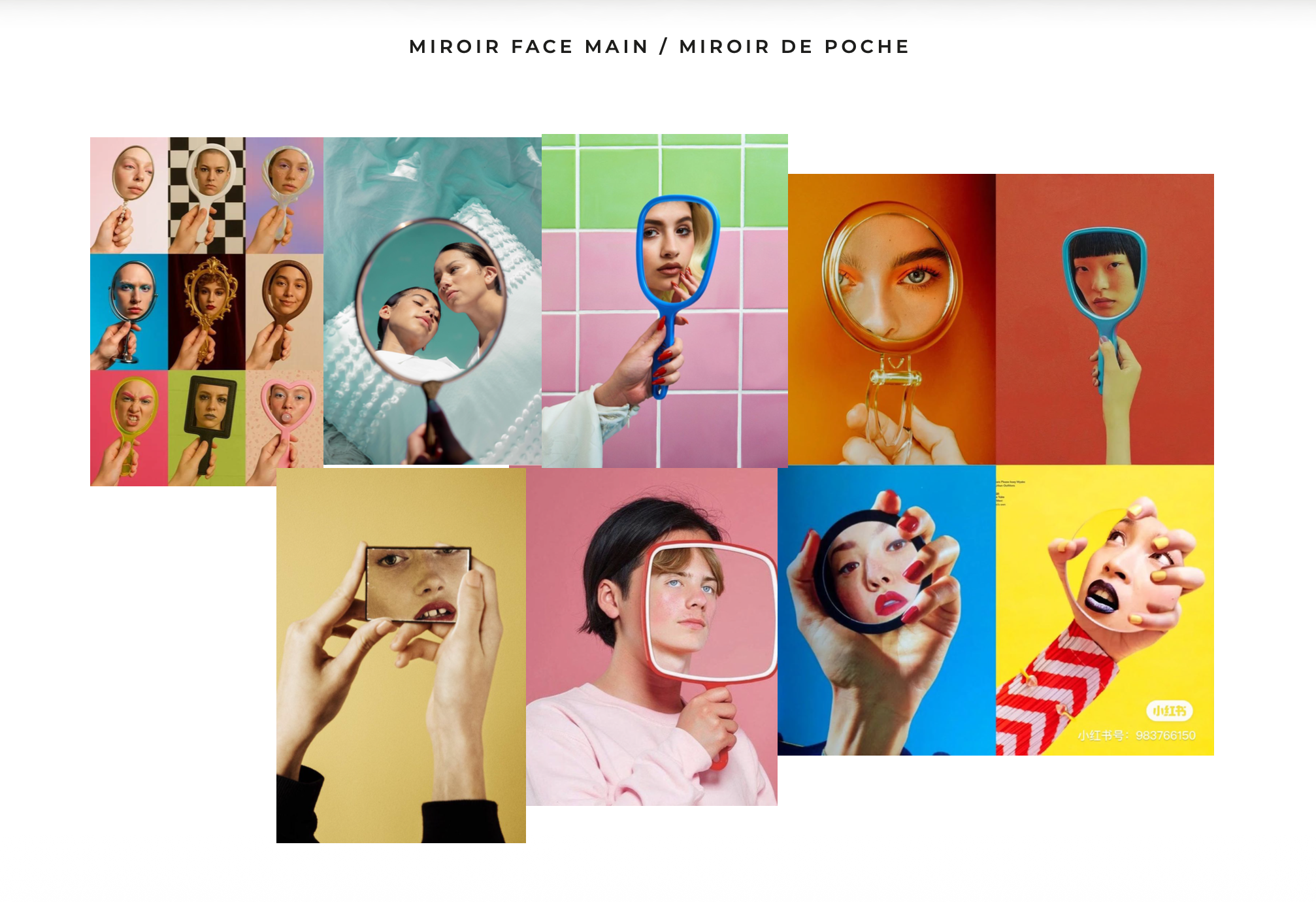 Collage of various individuals holding mirrors and reflective objects, capturing their faces from different angles with colorful backgrounds.
