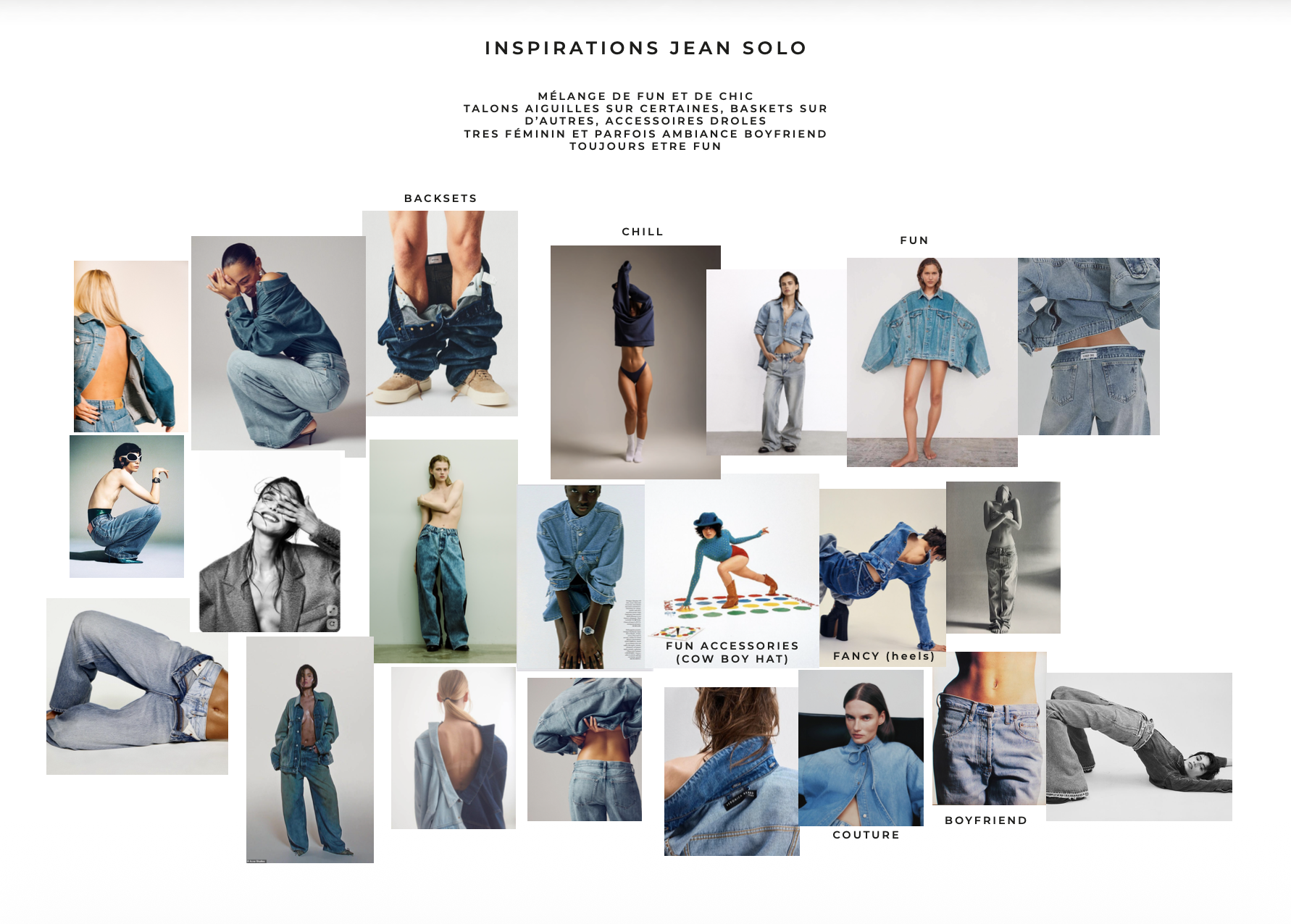 Collage of fashion photos featuring denim outfits, models in various poses, and accessories. Text at the top reads "Inspiration Jean Solo" and includes phrases in French about fun, chic, and accessories.