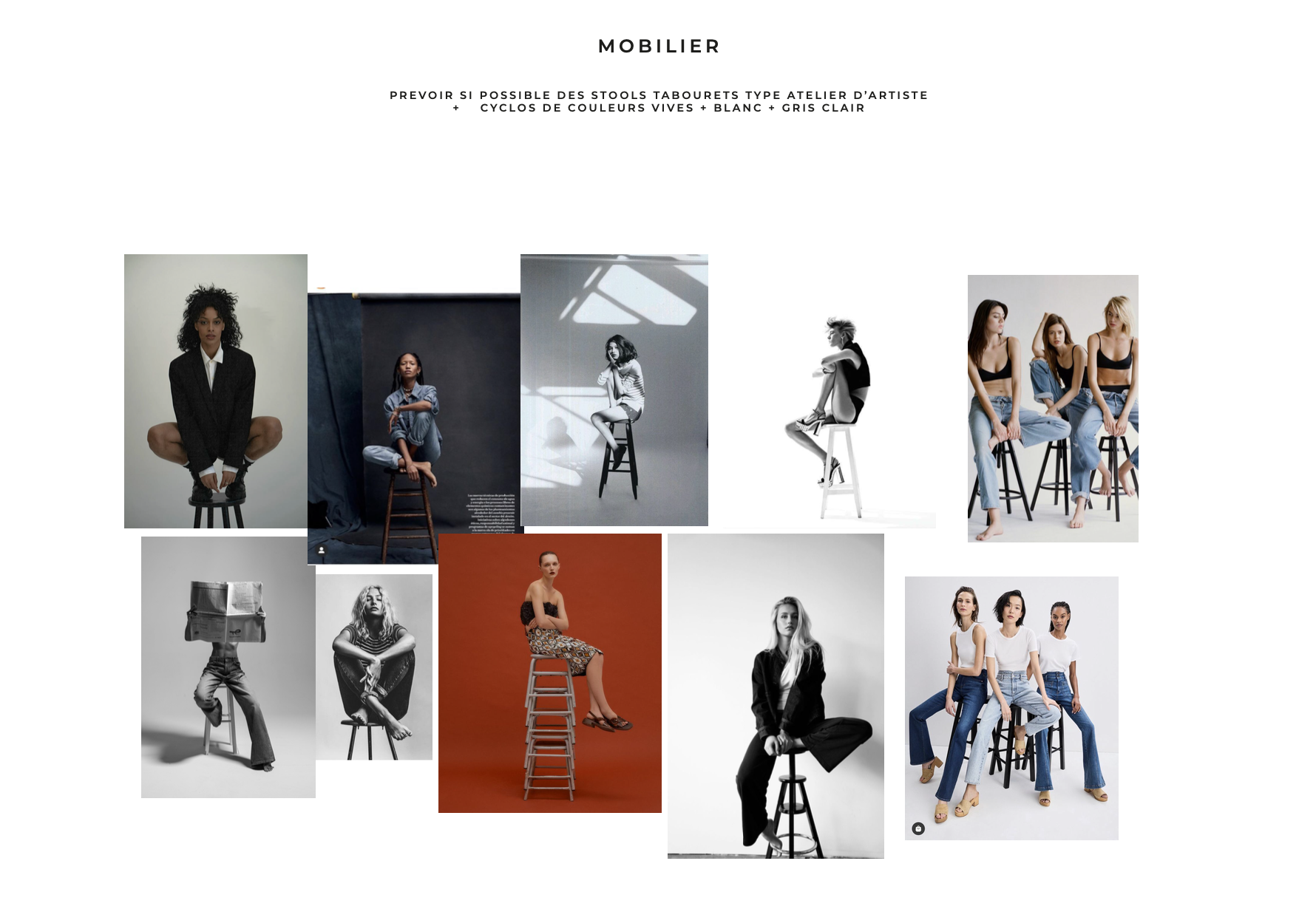 Collage of fashion photos featuring women in various poses, some seated on stools and ladders, with different backgrounds including plain, patterned, and colorful scenes.