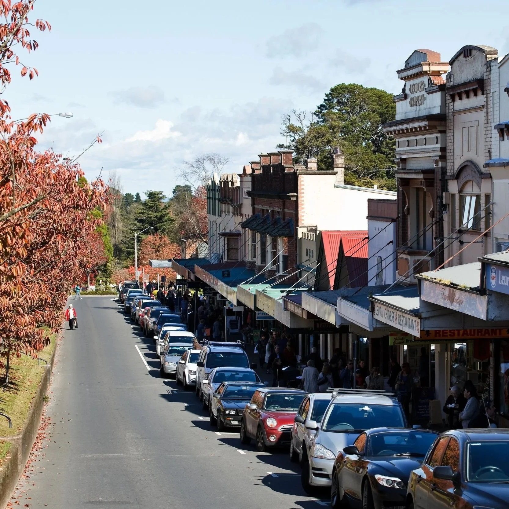 Main street with parked cars on one side, storefronts with awnings, and people walking outside shops, with trees and buildings in the background under a partly cloudy sky.