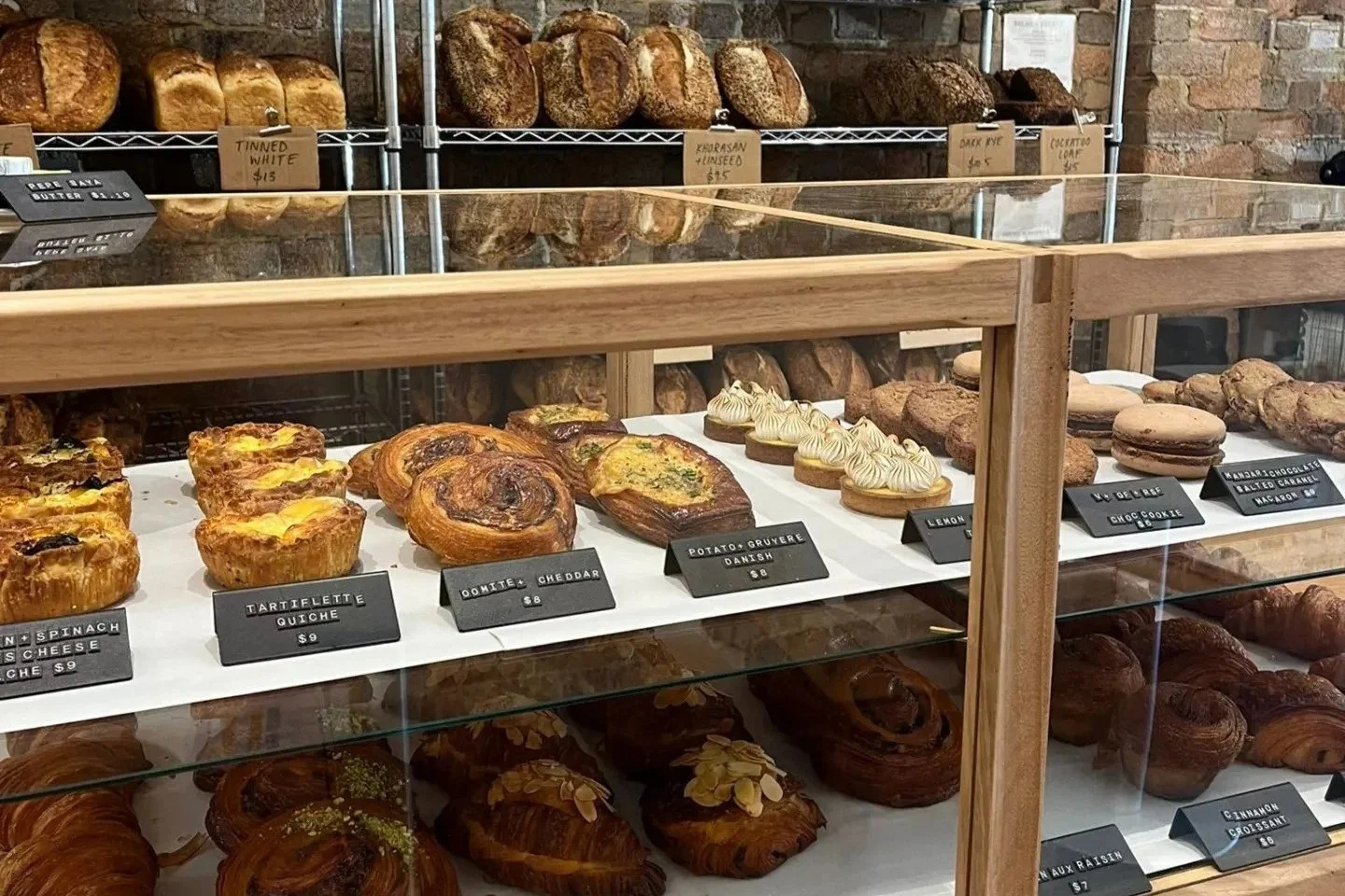 Pastries in a glass cabinet at Black Cockatoo Bakery, Katoomba