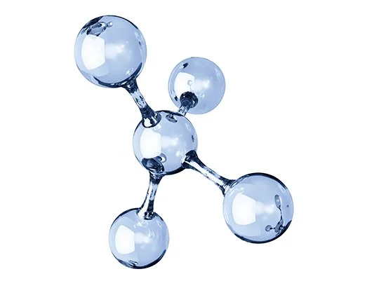 A digital illustration of a water molecule with one oxygen atom and two hydrogen atoms, represented as a central sphere with two smaller spheres attached.