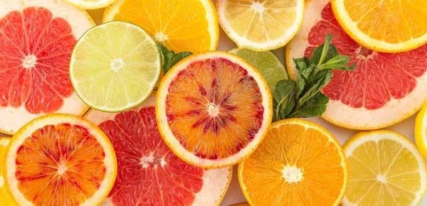 Sliced citrus fruits including oranges, grapefruits, lemons, limes, and blood oranges with mint leaves.