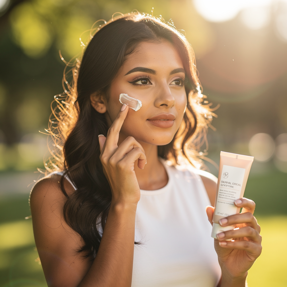 Young woman applying cream to her face outdoors during sunset.