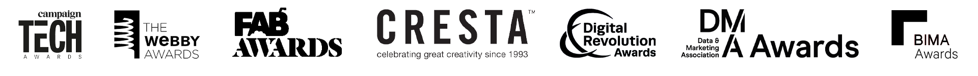 Image featuring logos of multiple awards and organizations, including Tech Awards, Webby Awards, Cresta, Digital Revolution Awards, Data & Marketing Association (DMA) Awards, and BIMA.