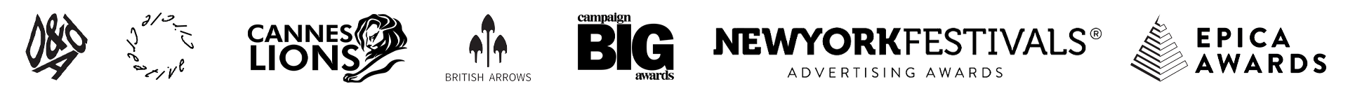 Black and white logos of various advertising and awards organizations, including D&AD, British Arrows, Big, New York Festivals, and Epica Awards.