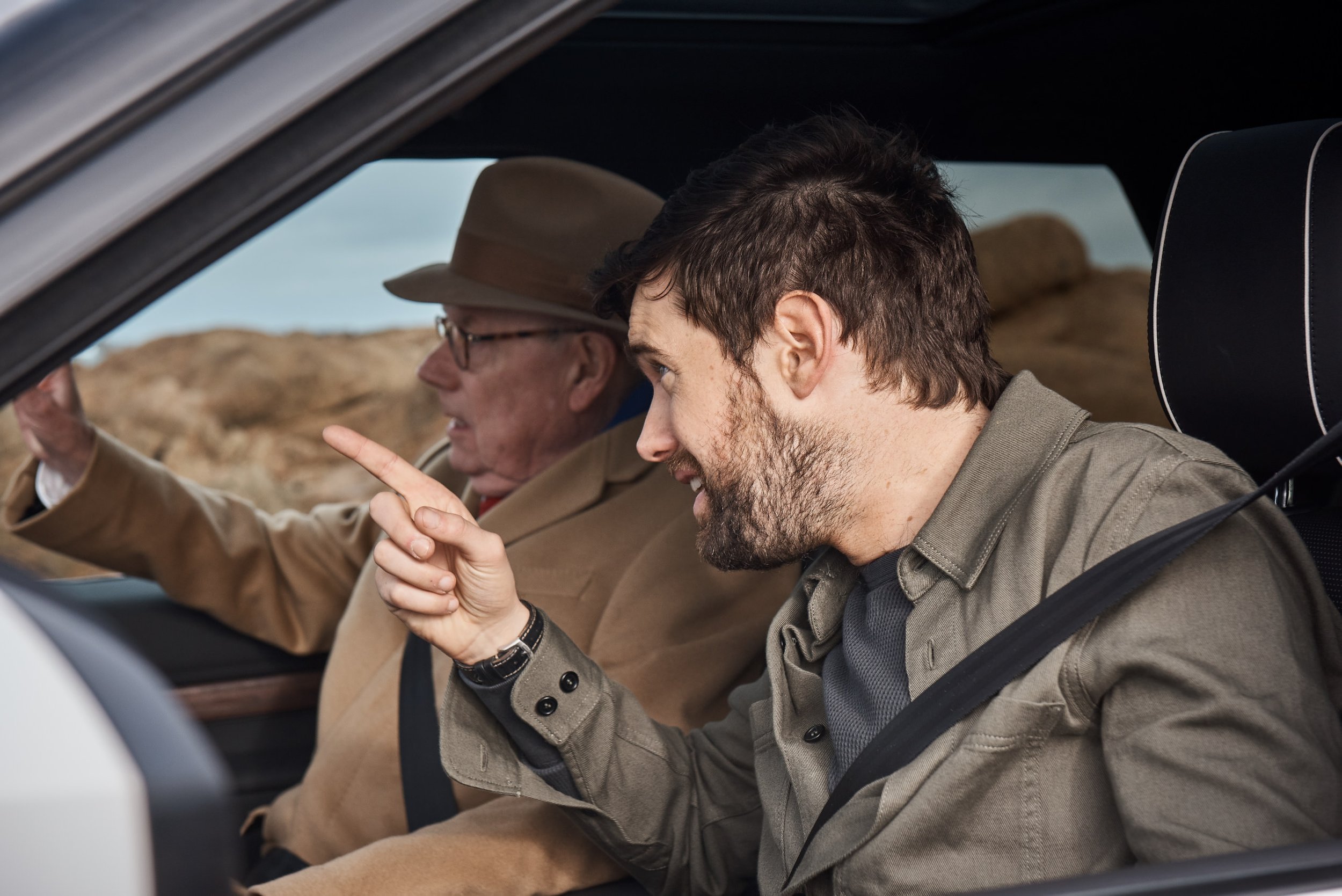 Jack Whitehall and Michael Whitehall in a Land Rover Discovery in Jersey
