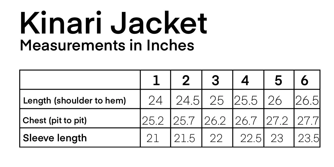 Size chart for Kinari Jacket showing measurements in inches for different sizes, including shoulder to hem length, pit to pit chest measurement, and sleeve length.