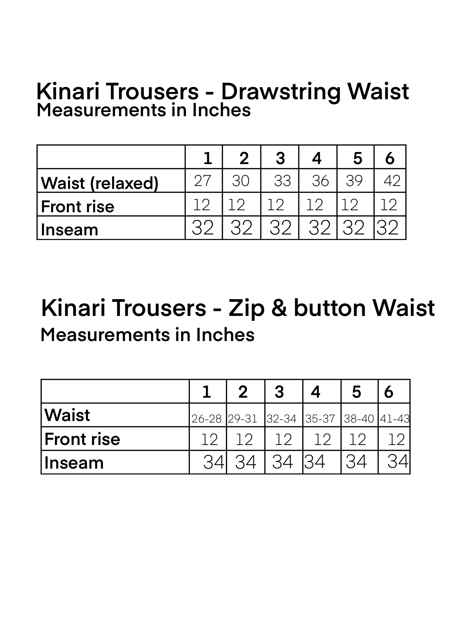 Two size charts for Kinari trousers with measurements in inches. The first chart shows waist, front rise, and inseam for sizes 1 to 6. The second chart provides waist, front rise, and inseam measurements for sizes 1 to 6 with different measurement ranges.