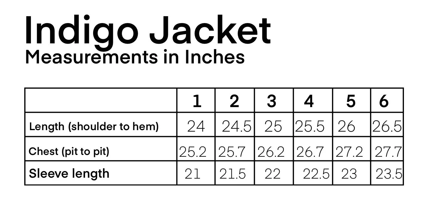A chart displaying measurements in inches for an Indigo Jacket, with size options 1 through 6, including length, chest, and sleeve length.