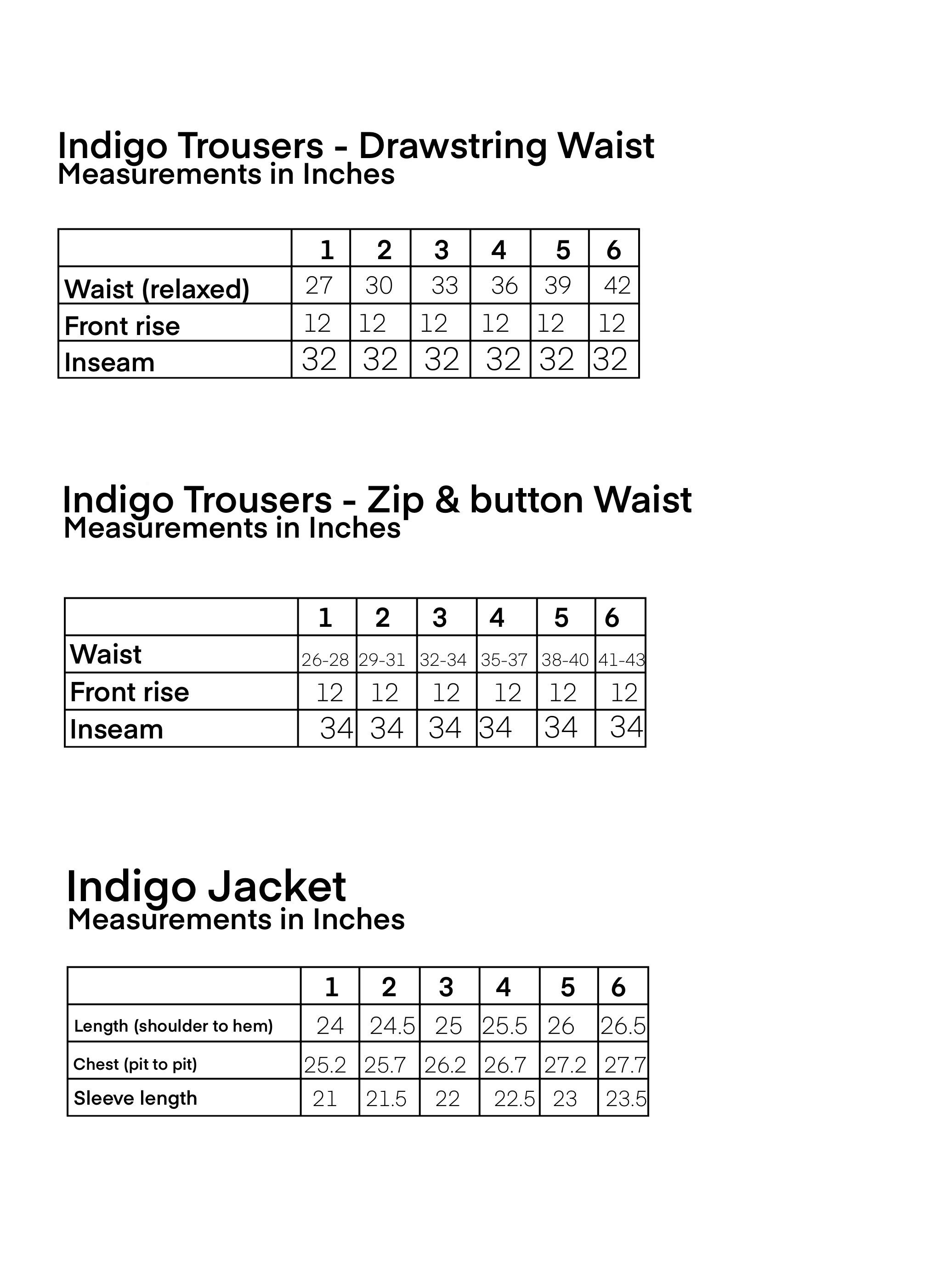 Comparison chart of measurements for Indigo Trousers, Drawstring Waist, and Zip & Button Waist, showing different size specifications in inches for waist, front rise, inseam, length, chest, and sleeve length.