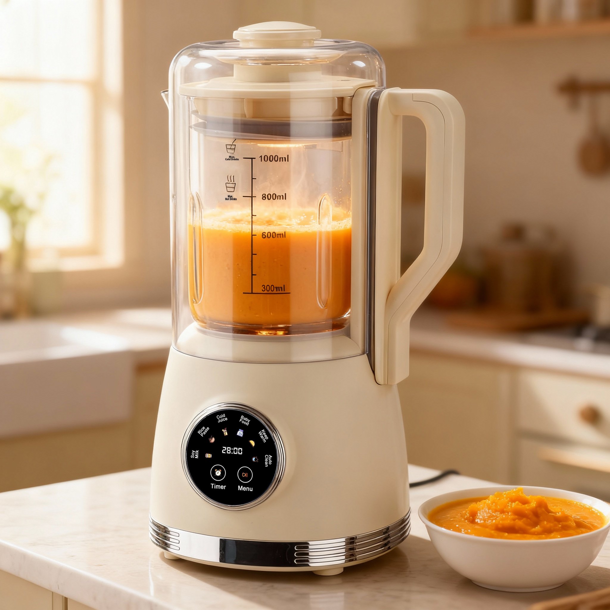 A home kitchen blender with orange-colored puree inside, placed on a white countertop beside a small bowl filled with the same puree. The blender has a digital display and control knobs on its base.
