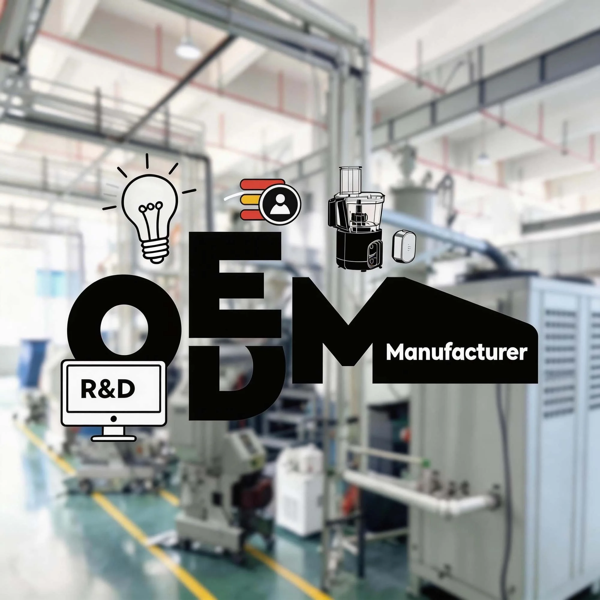 Industrial manufacturing facility with a digital overlay of icons and text including 'OEM', 'R&D', and 'Manufacturer'. The icons depict a lightbulb, a person, a mixer, and a monitor.
