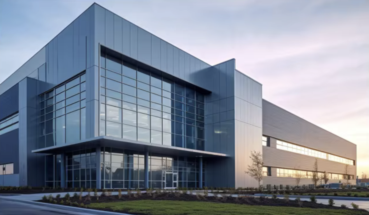 Modern commercial building with glass windows and metal exterior during sunset.