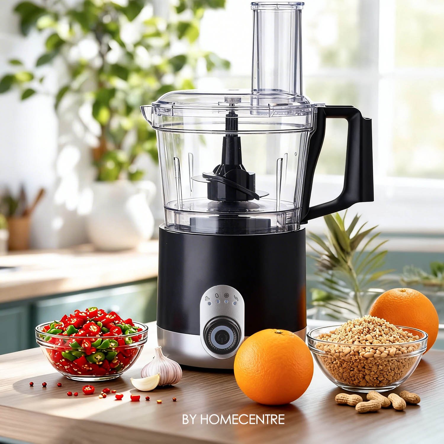 A black and clear food processor on a kitchen counter with bowls of red and green chili peppers, peanuts, two oranges, and garlic nearby.