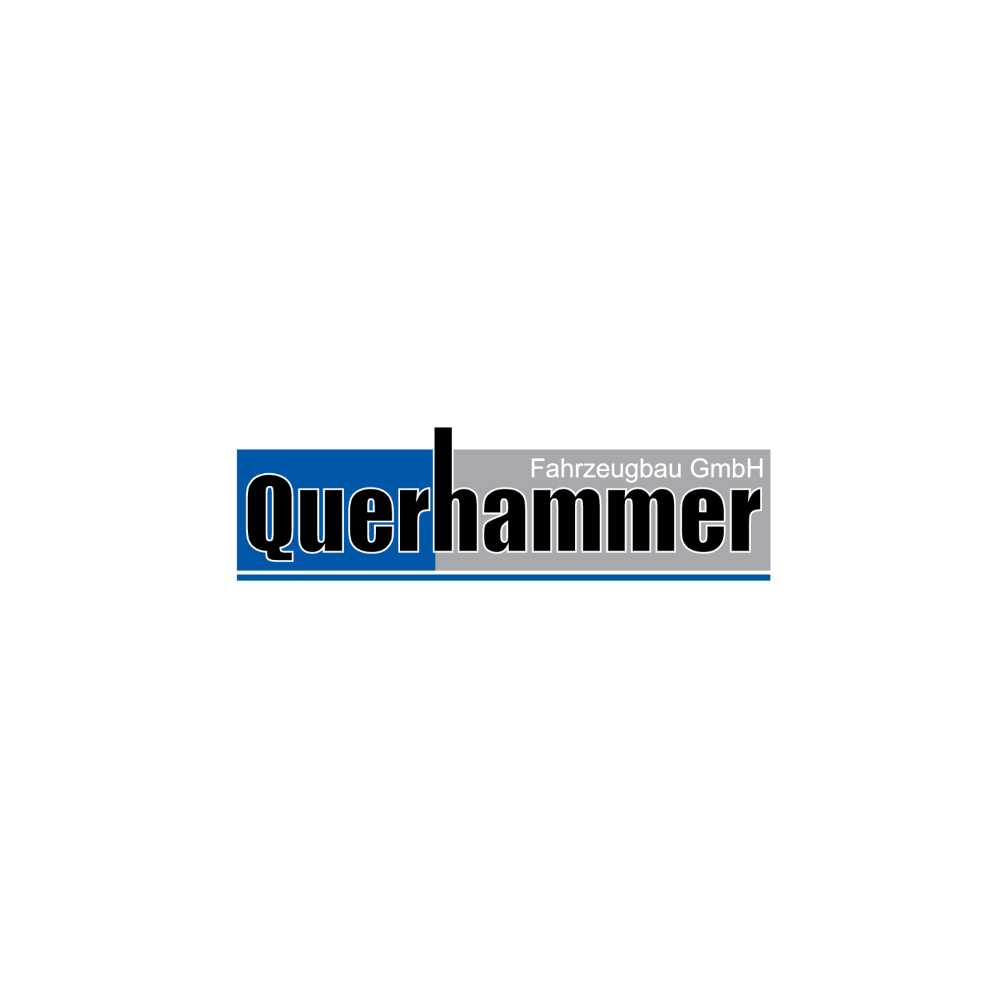 Logo der Querhammer Fahrzeugbau GmbH mit blauer, grauer und schwarzer Farbgestaltung und dem Firmennamen in deutscher Sprache.
