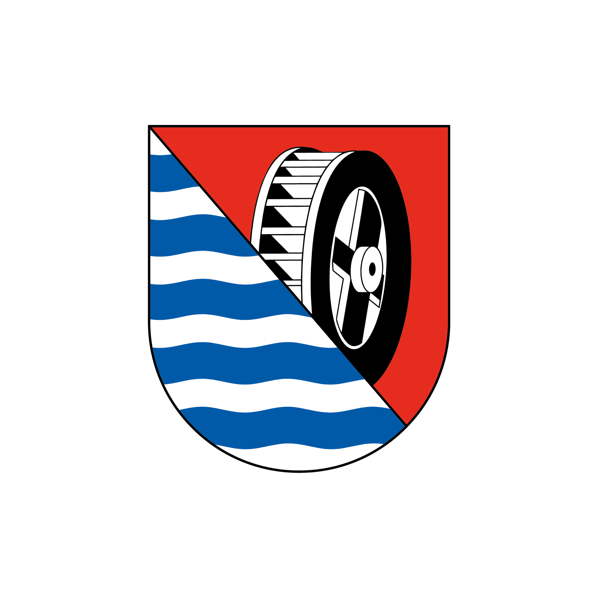 Wappen mit einem Rad und blauen Wellen auf schwarzem Hintergrund, geteilt durch eine diagonale Linie, oben rot, unten blau und weiß