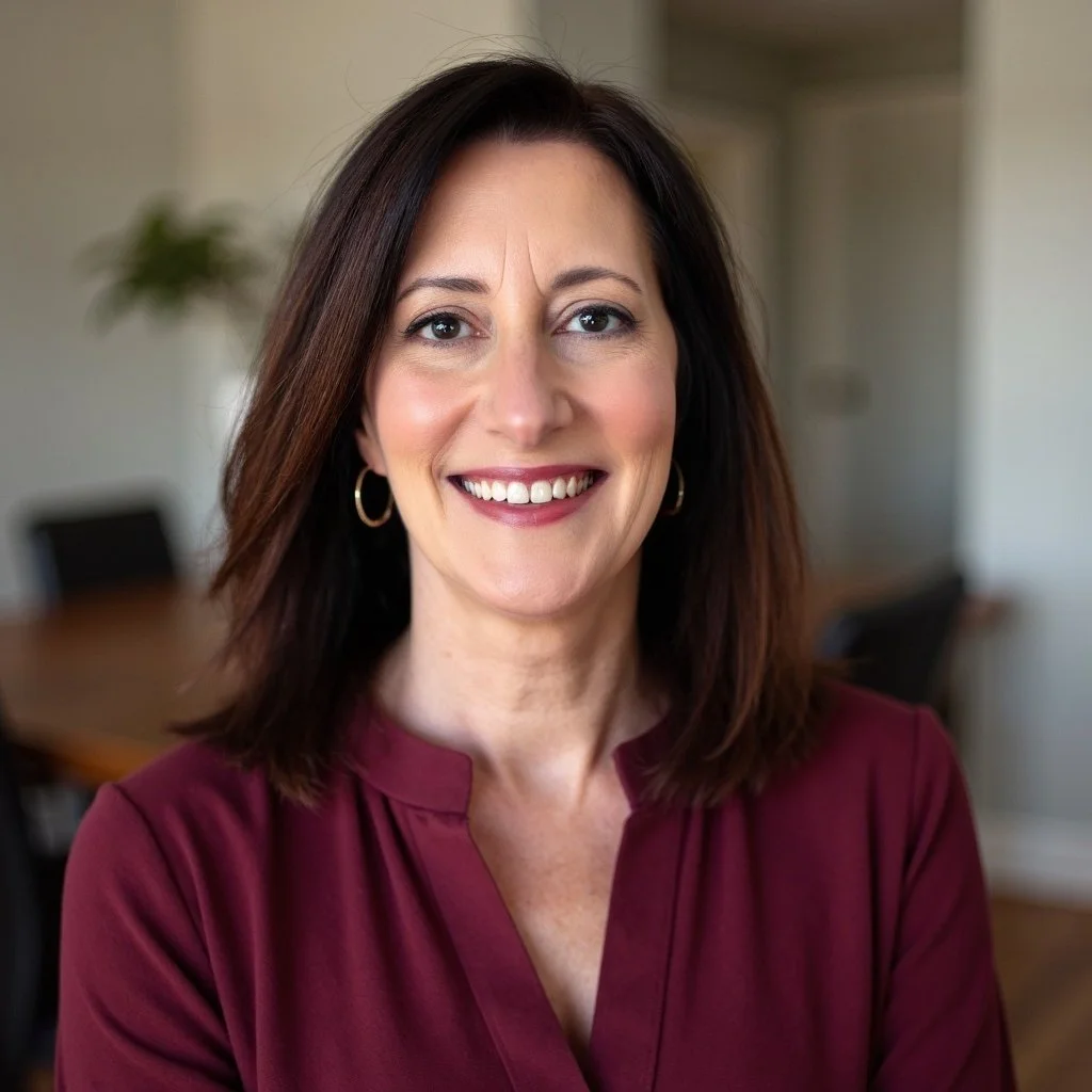 A woman with shoulder-length dark brown hair smiling in an office setting.