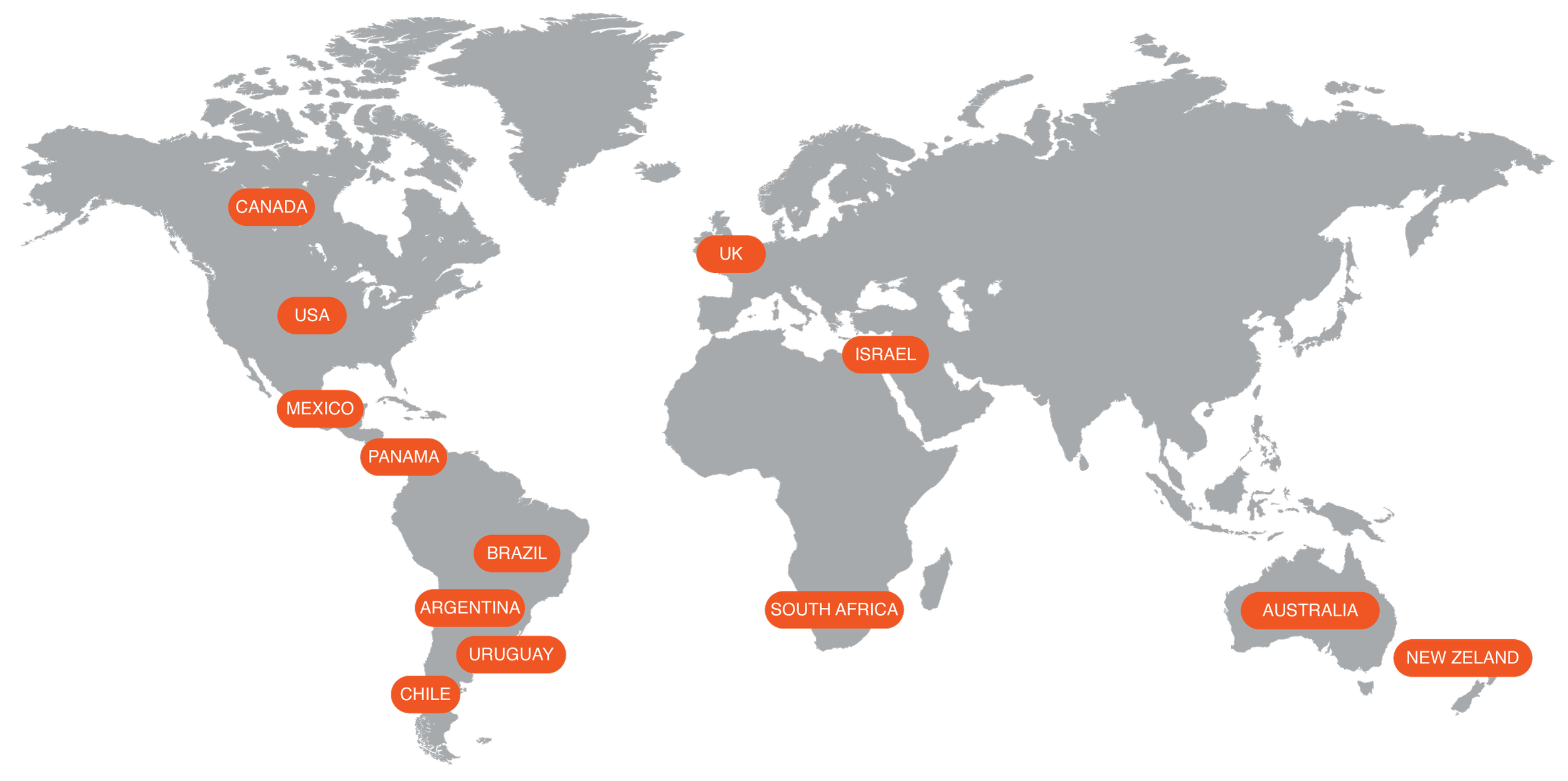 World map highlighting specific countries with orange labels: Canada, USA, Mexico, Panama, Argentina, Uruguay, Chile, Brazil, South Africa, Israel, UK, Australia, New Zealand.