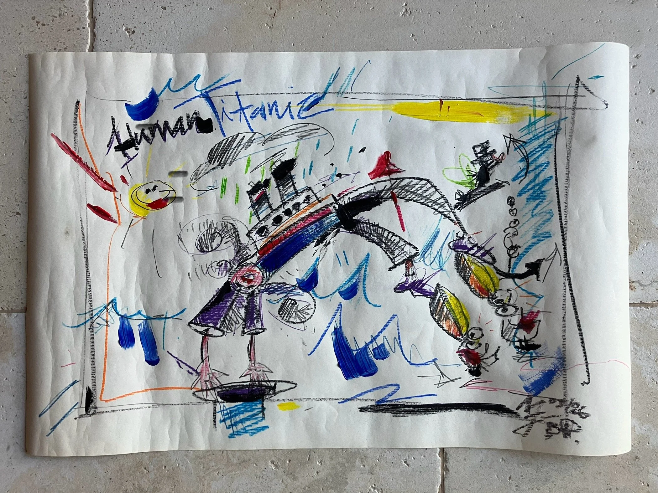 human titanic . 2026 . 69 x 45cm on paper . acrylic + pastels + pencil . (sold)