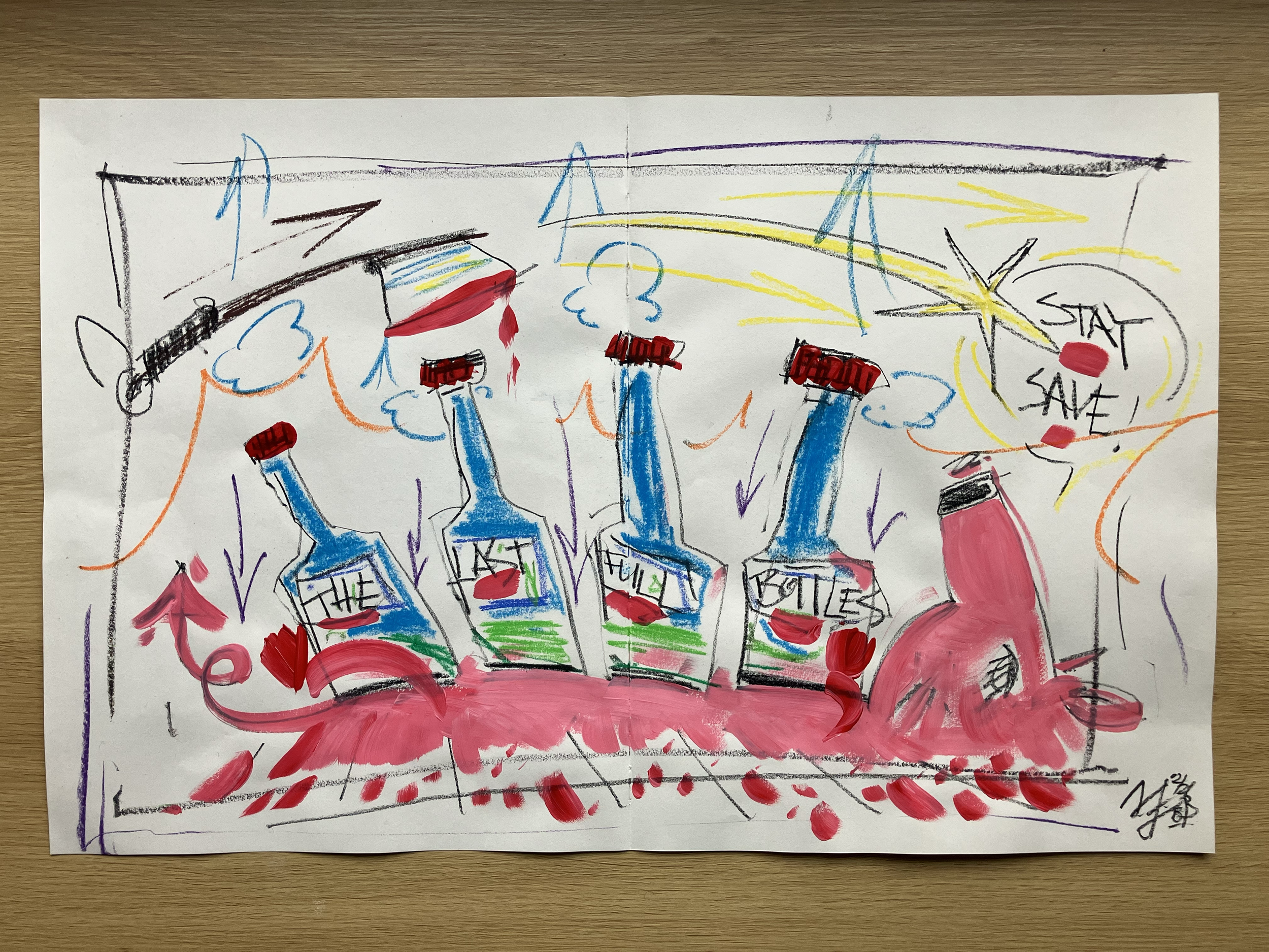 last full bottles . 2026 . 55 x 25cm on paper . acrylic + pastels . (sold)