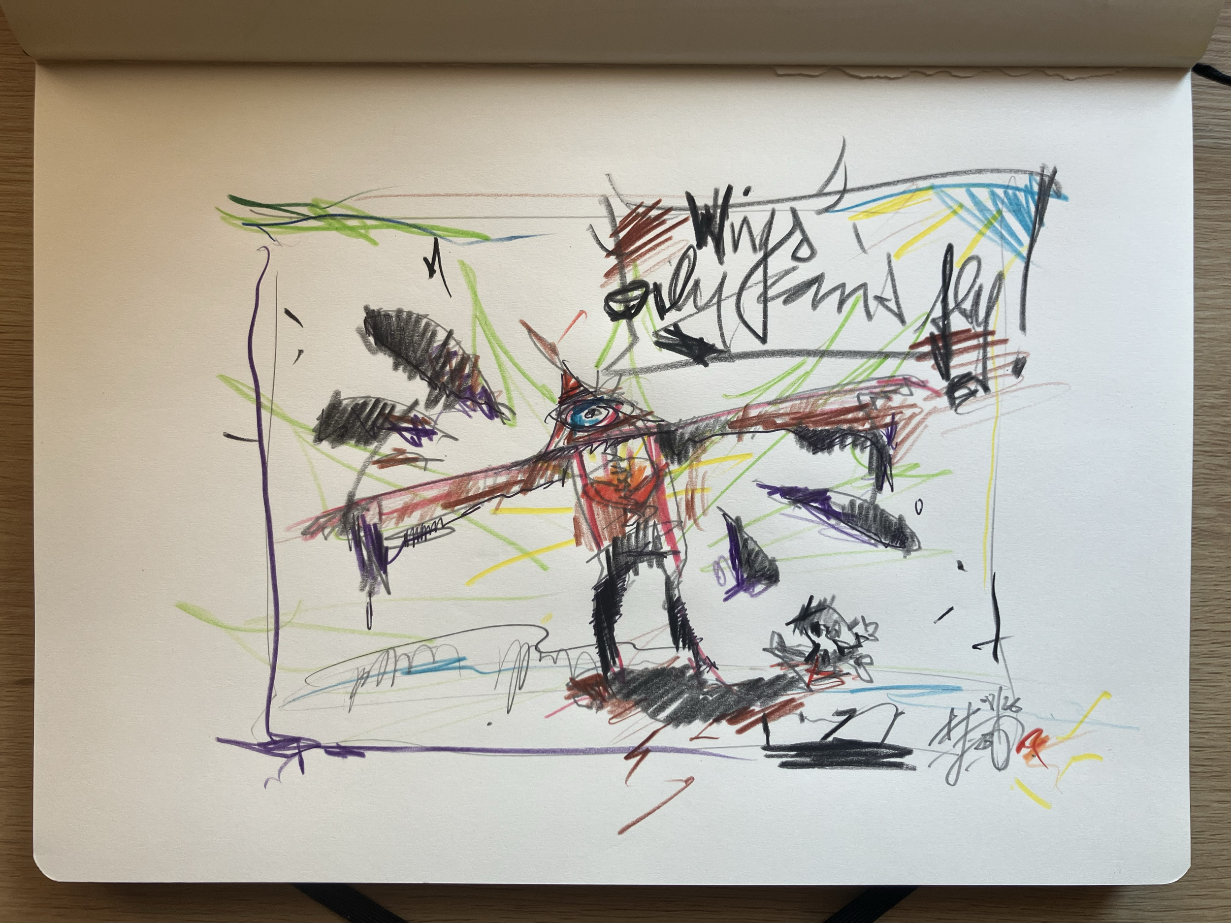 oil wings can't fly . 2026 . 28 x 20cm on paper . pen + pencil
