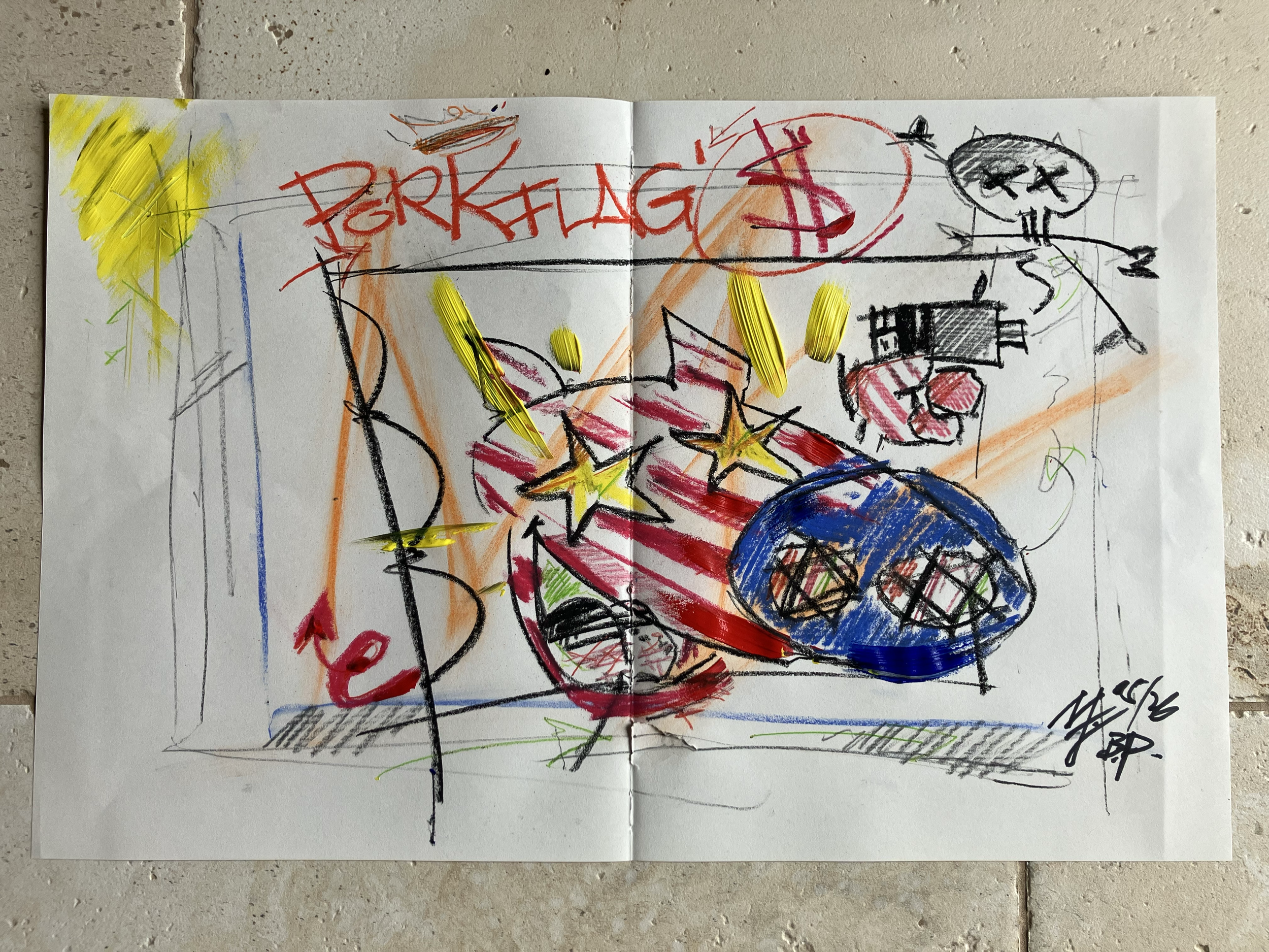 porkflag'$'eries . 2026 . 55 x 25cm on paper . acrylic + pastels + pencil