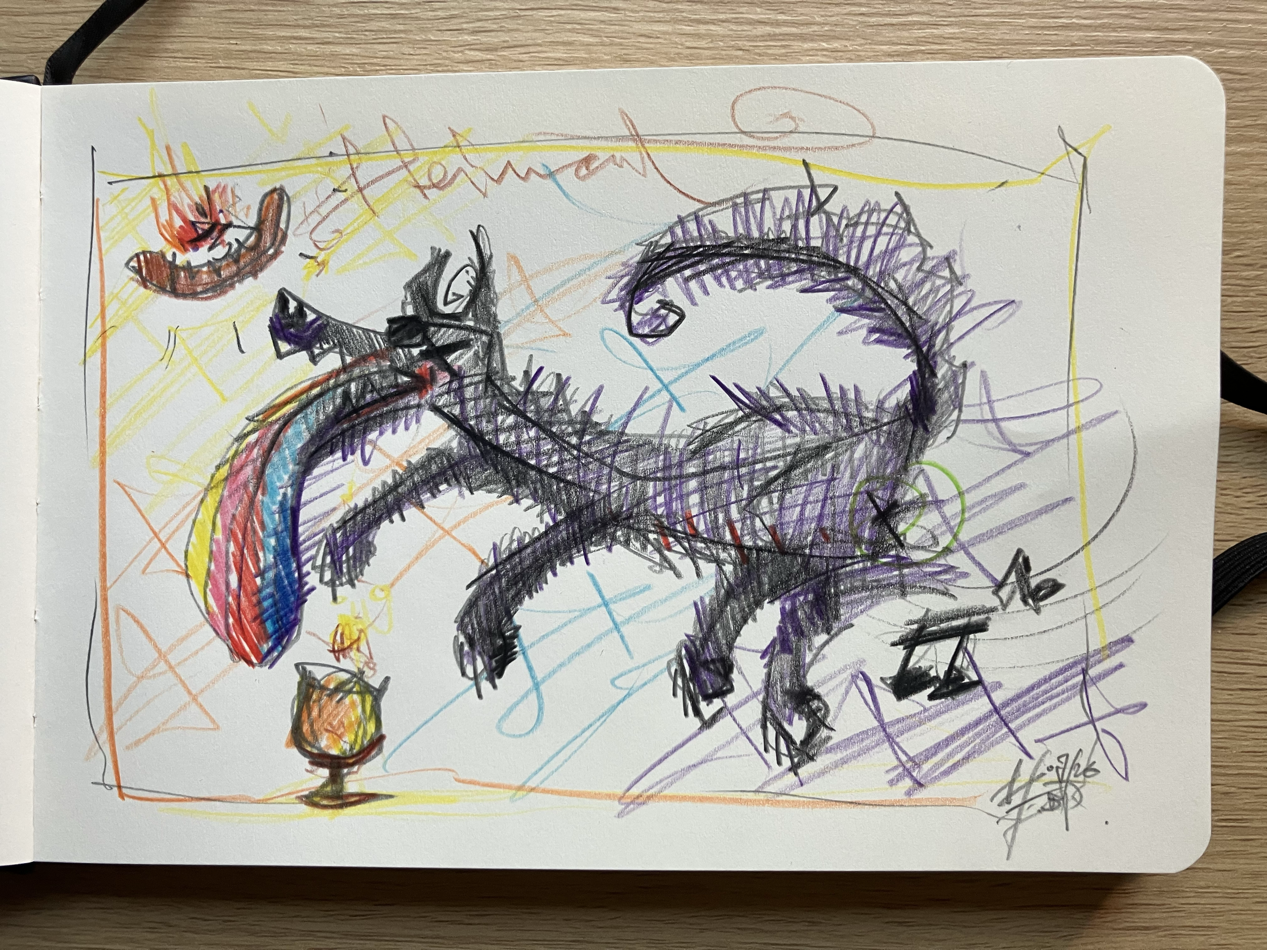 rainbow-rex . 2026 . 20 x 14cm on paper . pen + pencil