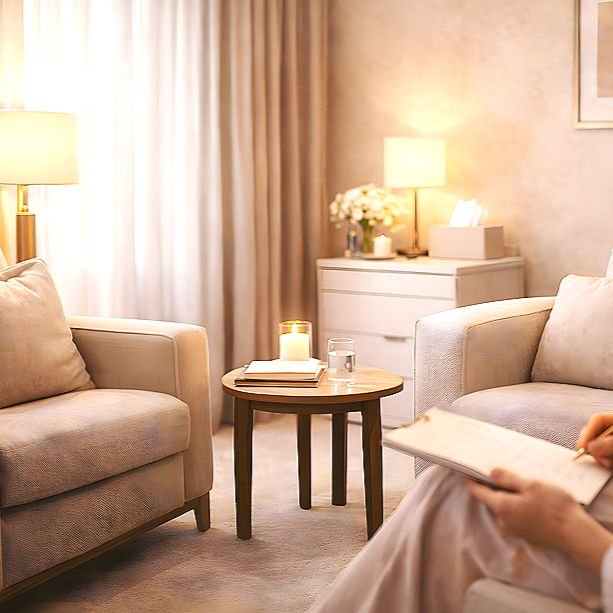 Living room with beige sofas, a round wooden coffee table, a white dresser, table lamps, candles, a glass of water, a bouquet of white flowers, and a person holding a notebook.