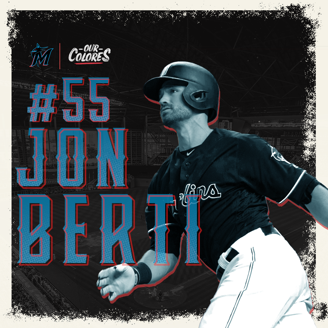 A baseball player in a black jersey with white pants, wearing a black helmet, standing in a stadium. The text reads '#55 Jon Berti' in blue with red outlines, with the Miami Marlins logo and 'Our Colors' written above.