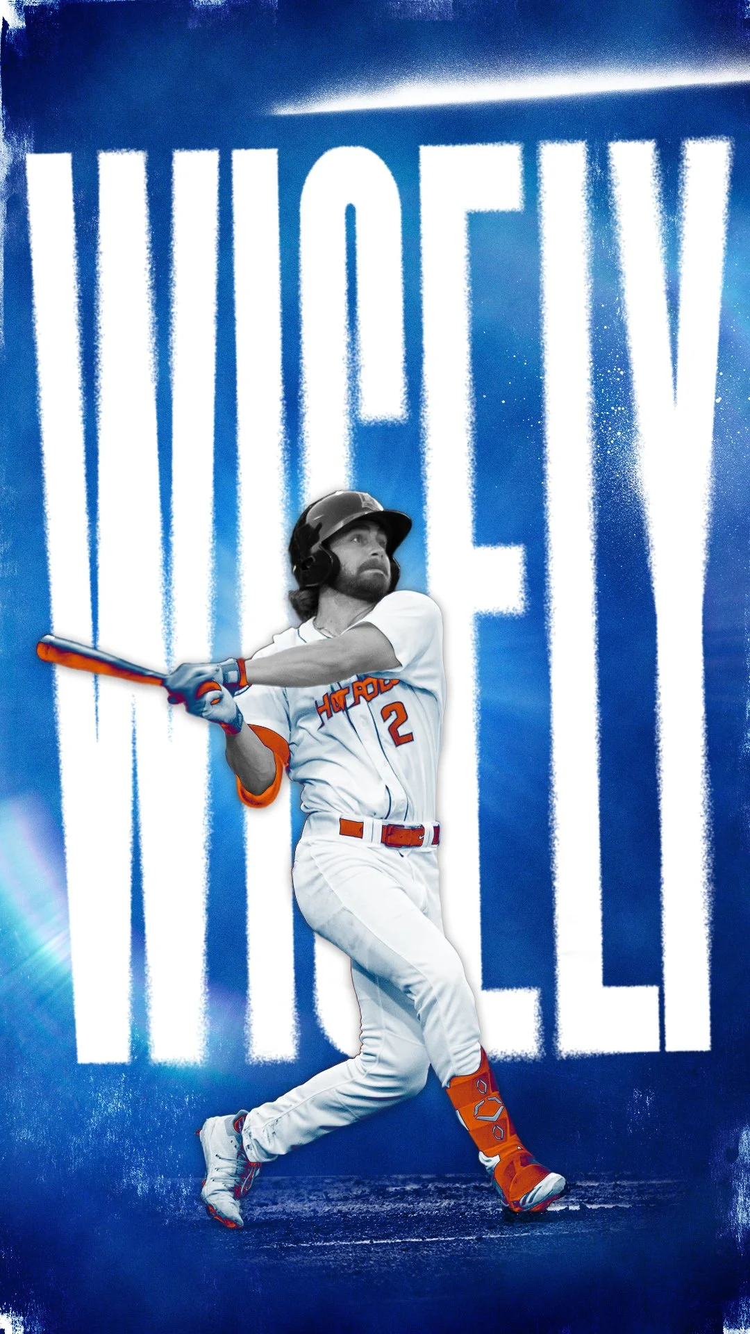 A baseball player in a white uniform with orange accents swinging a bat in front of a blue background with the word 'HONOLULU' spray painted in white.