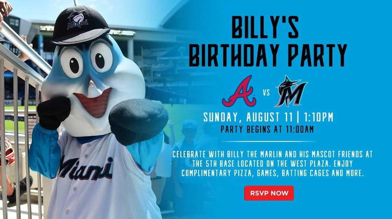 Mascot dressed as a baseball player with a large smiling face, wearing a Miami Marlins jersey and cap, at a stadium.