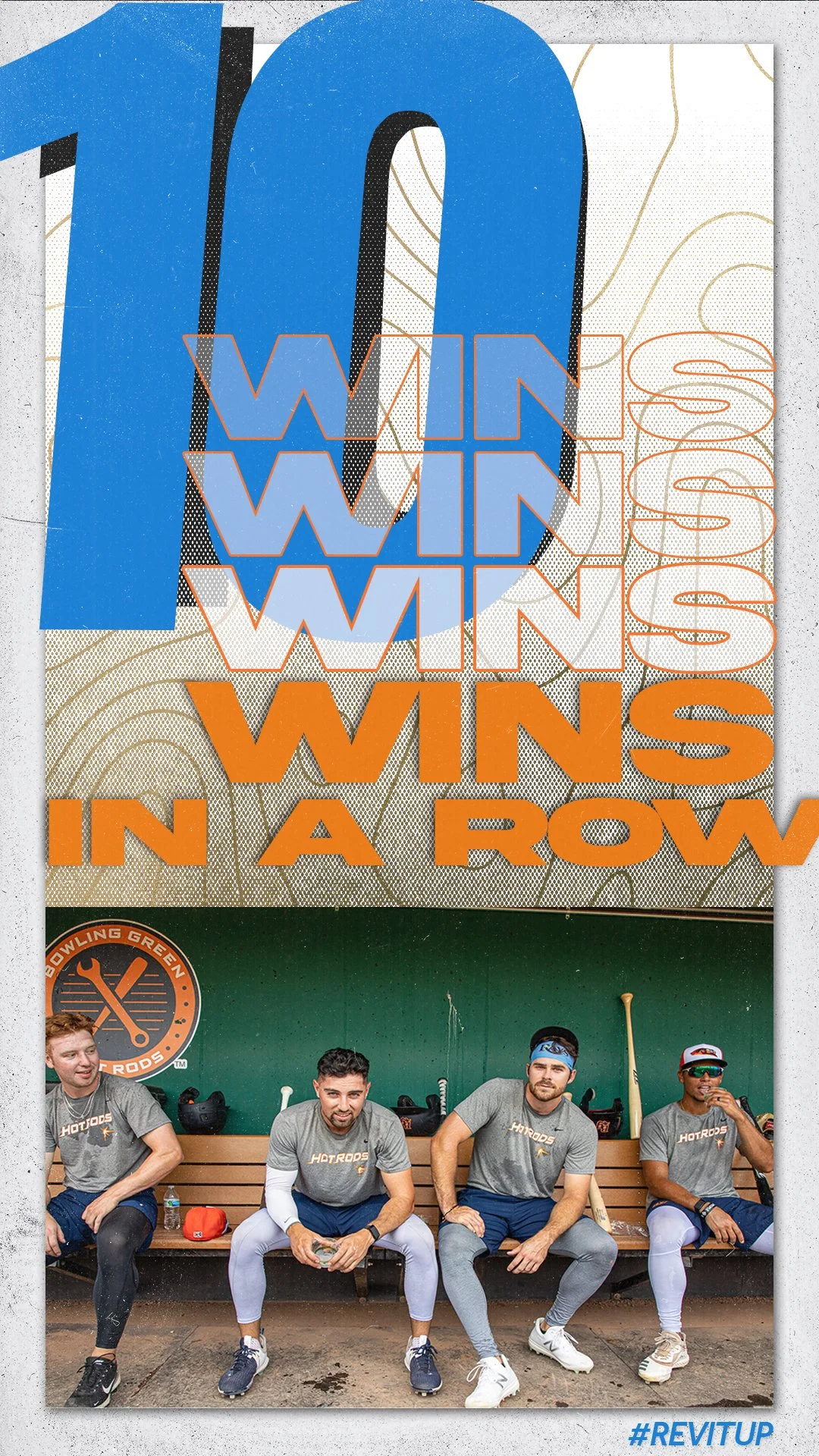A poster promoting a baseball team's success with the text "10 wins in a row" overlaid on a photo of four baseball players sitting on the bench, dressed in team gear, with some holding a bat and a water bottle, and a team logo visible in the backgrou